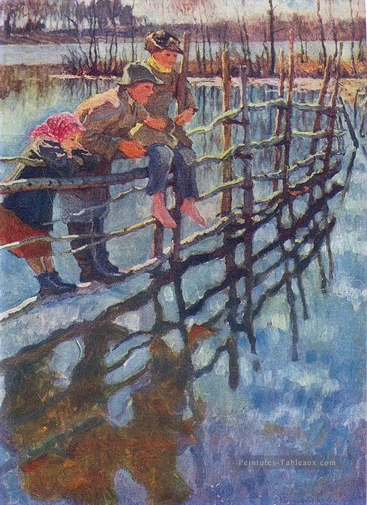 enfants sur une clôture Nikolay Bogdanov Belsky Peintures à l'huile